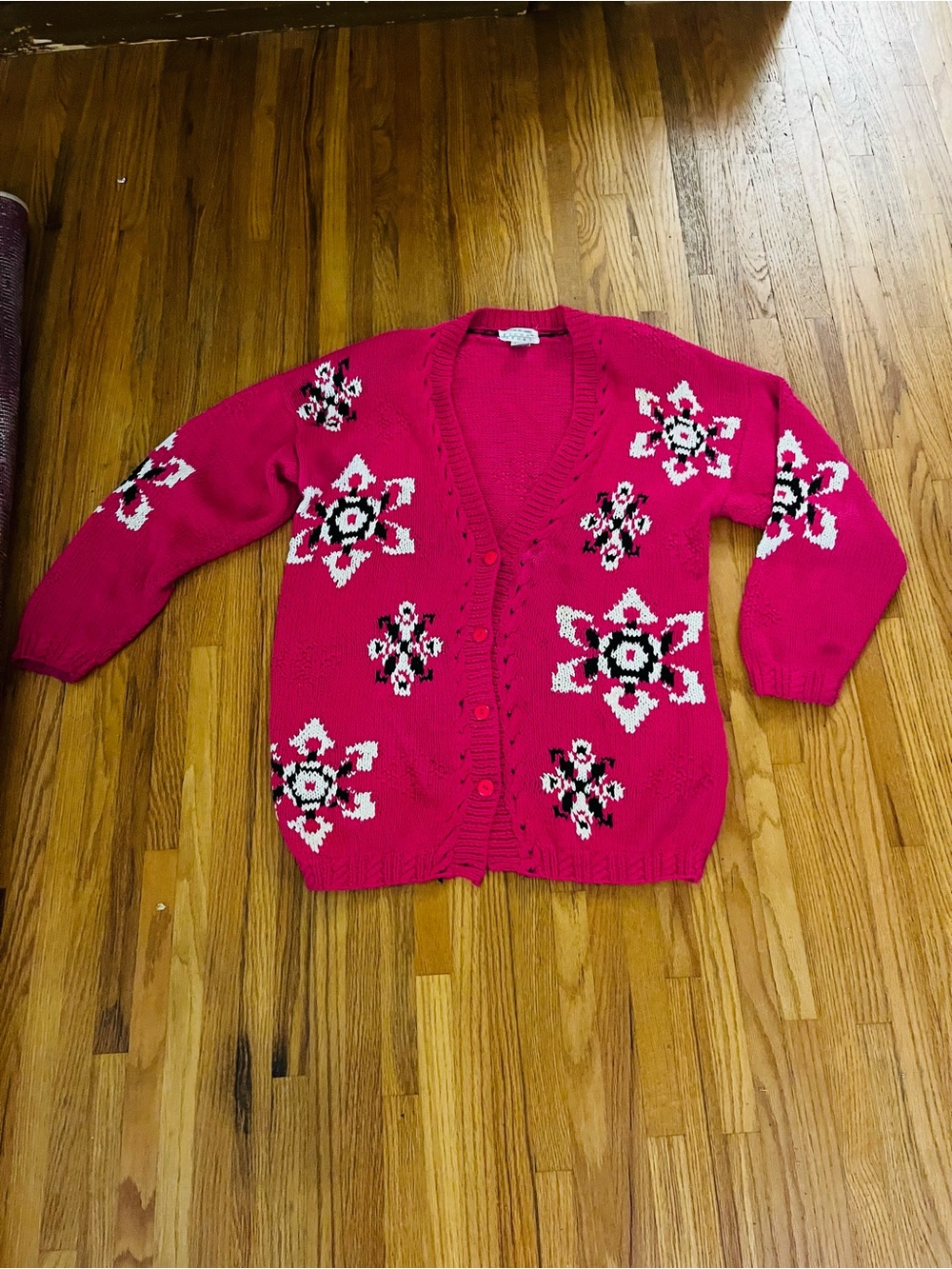 1980s oversized hand knit Bright Pink Floral Knit Button-Front Sweater Cardigan